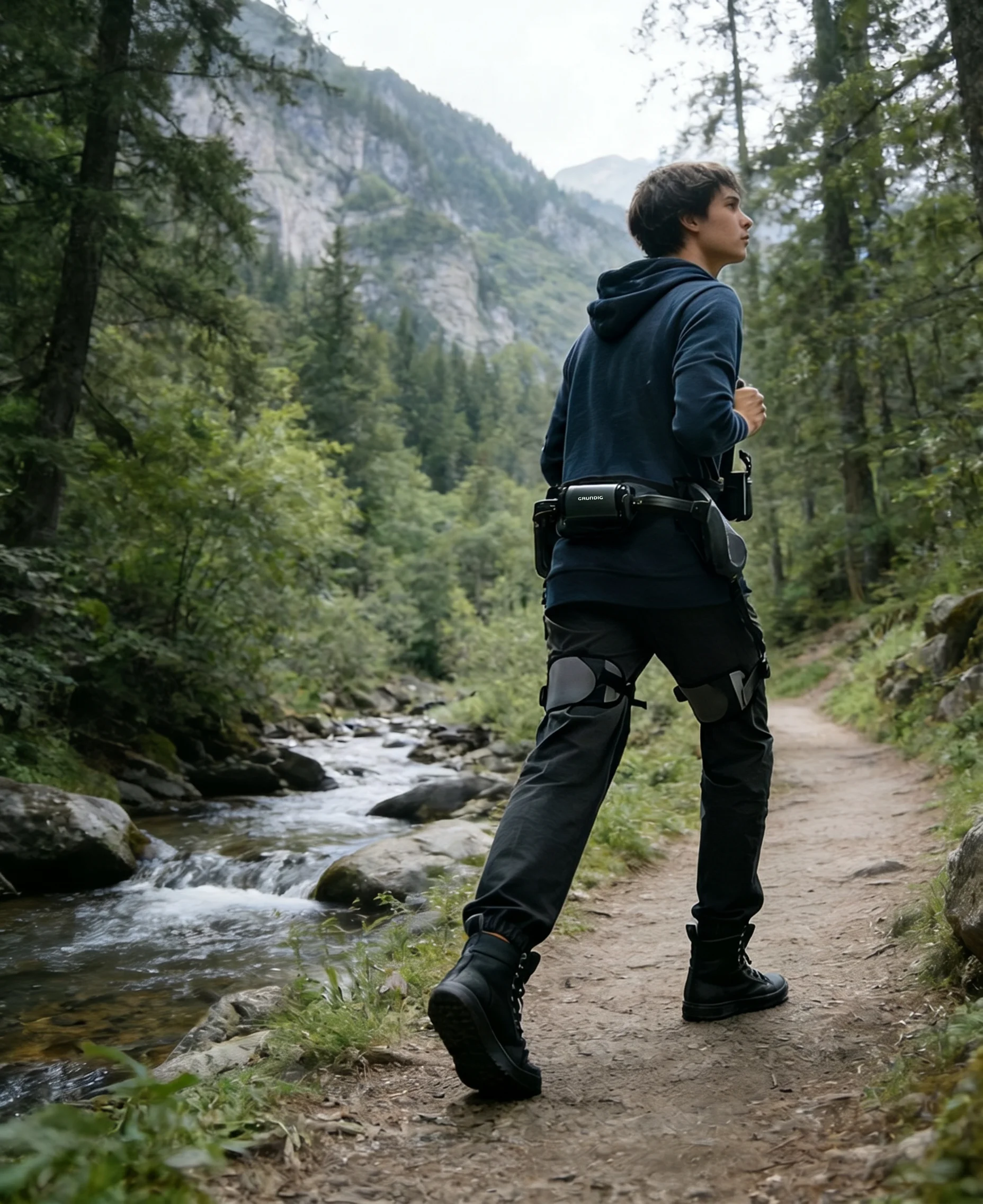 Junger Wanderer beim Bergaufstieg mit dem EXO-02-Exoskelett