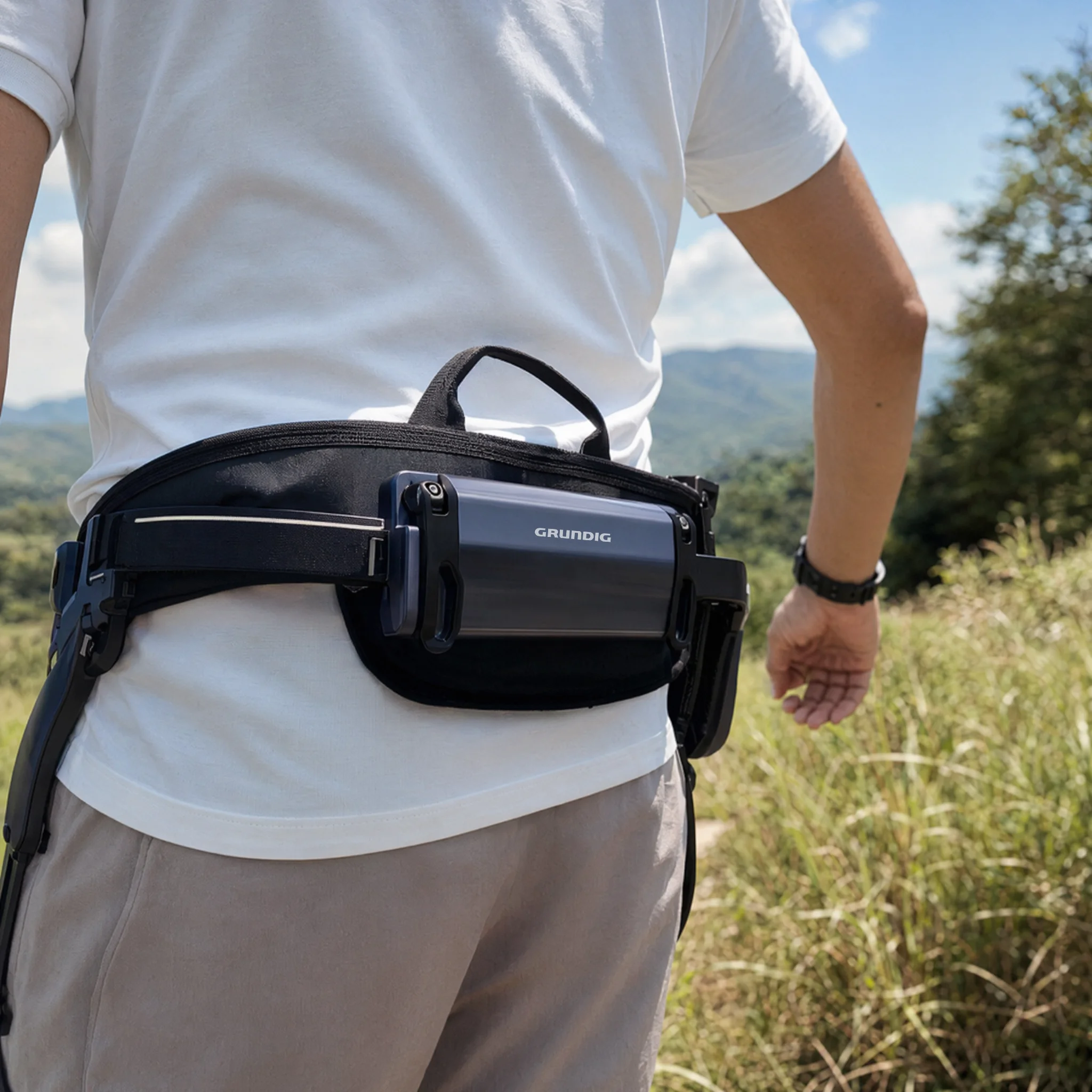 Nahaufnahme einer Person mit dem EXO-02-Exoskelett im Freien
