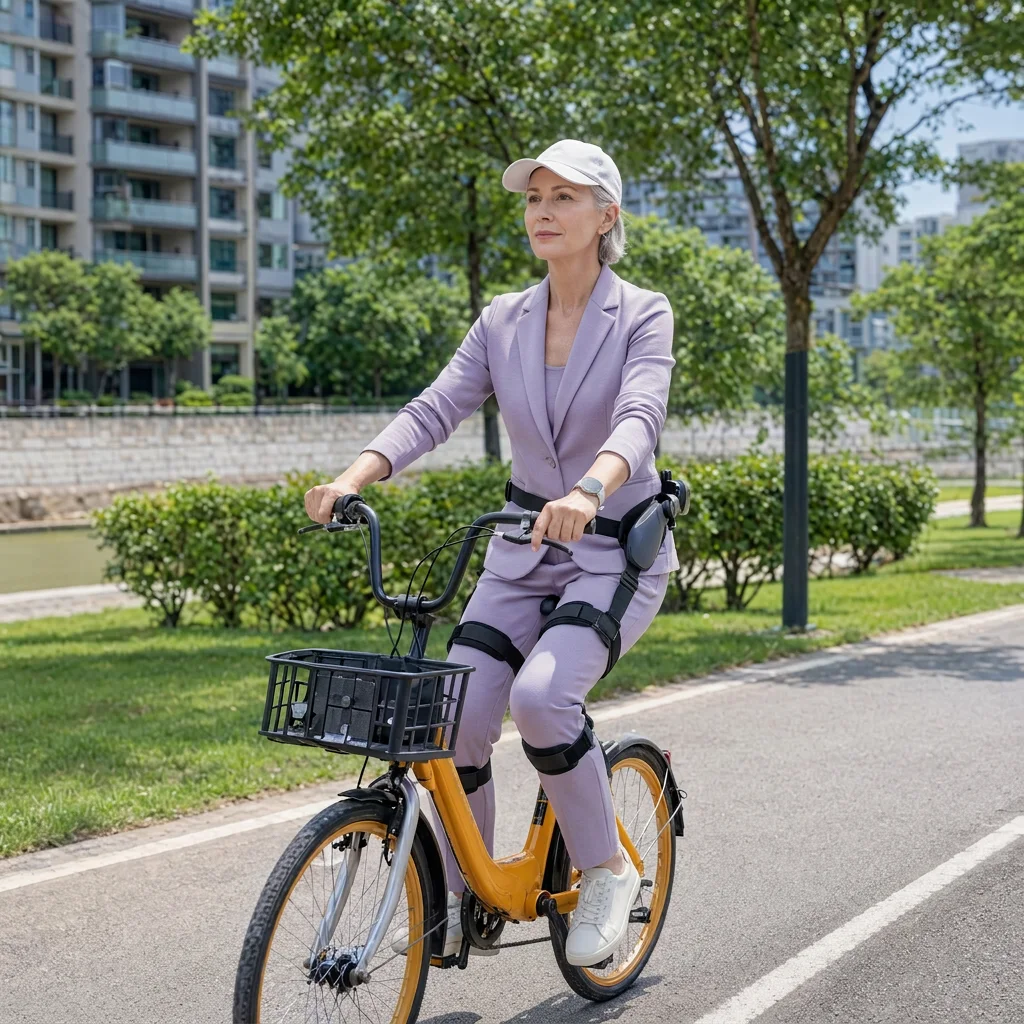 Senior beim Radfahren in der Gemeinschaft mit dem EXO-02-Exoskelett