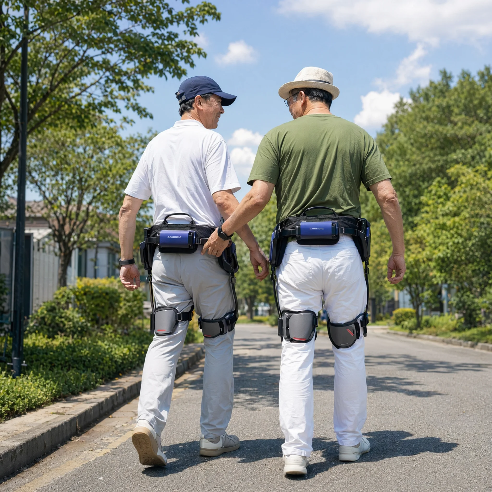 Senior beim Gehen auf einem Reha-Weg mit dem EXO-02-Exoskelett