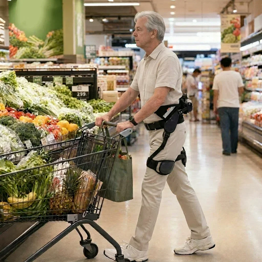 Senior beim Einkaufen im Supermarkt mit dem EXO-02-Exoskelett